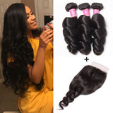 VRBest 3 Bundles Brazilian Loose Wave Virgin Human Hair With 4x4 Lace Closure