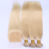 613 Blonde Color Straight Virgin Human Hair 4 Bundles With Lace Closure