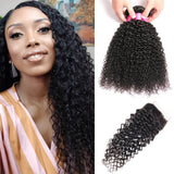 VRBest 3 Bundles Curly Virgin Brazilian Human Hair With 4x4 Lace Closure
