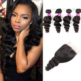 VRBest Peruvian Virgin Hair Loose Wave 4 Bundles With 4x4 Lace Closure