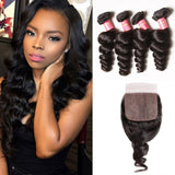 VRBest 3 Bundles Peruvian Virgin Human Hair Loose Wave With 4x4 Lace Closure