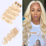 613 Blonde Body Wave Hair 3 Bundles with 4*4 Lace Closure 100% Human Virgin Hair