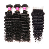 VRBest 3 Bundles Brazilian Virgin Human Hair Deep Wave With 4x4 Closure