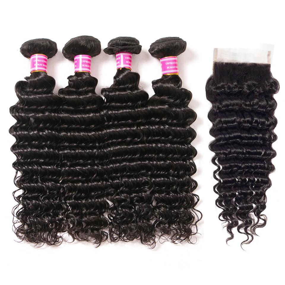 VRBest 4 Bundles Indian Virgin Human Hair Deep Wave With 4x4 Lace Closure