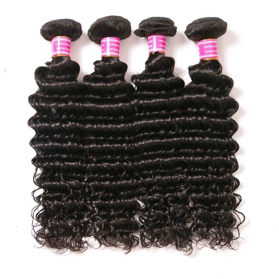 VRBest 4 Bundles Indian Virgin Human Hair Deep Wave Weave Extensions