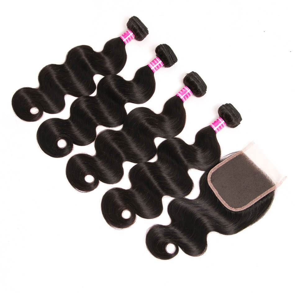 VRBest 4 Bundles Peruvian Virgin Hair Body Wave With 4*4 Lace Closure