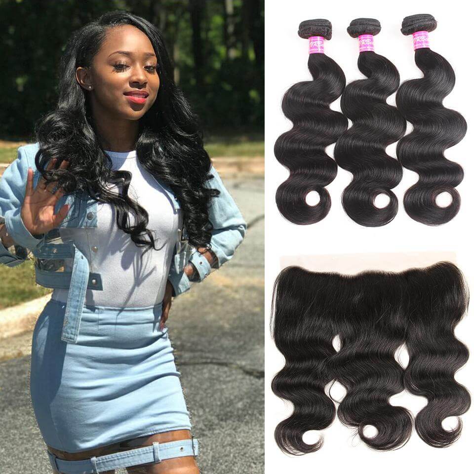 VRBest 3 Pieces Brazilian Virgin Hair Body Wave Bundles With 13x4 Lace Frontal Closure