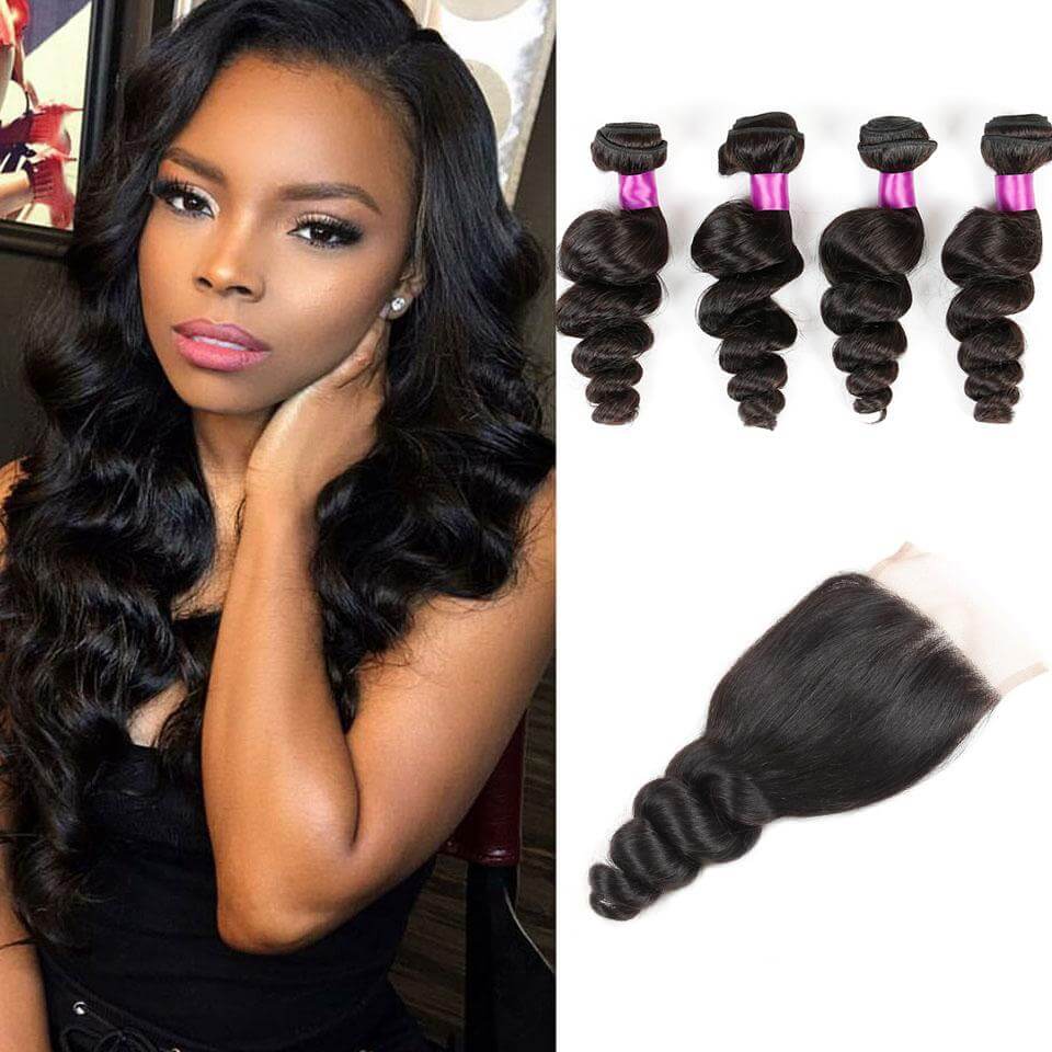 VRBest Brazilian Virgin Human Hair Loose Wave 4 Bundles With 4x4 Lace Closure
