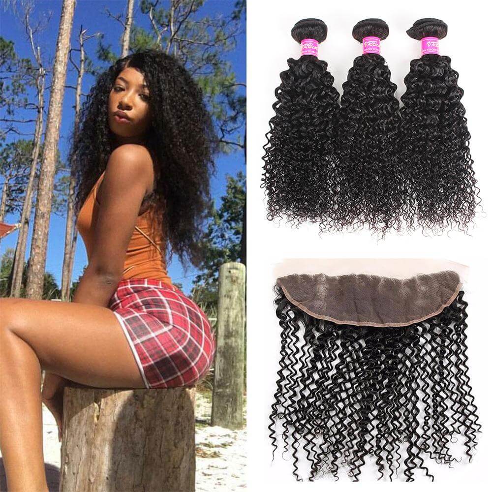 VRBest Malaysian Curly Virgin Hair 3 Bundles With 13x4 Lace Frontal Closure